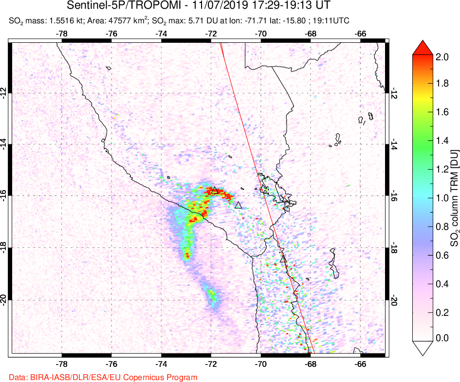 A sulfur dioxide image over Peru on Nov 07, 2019.