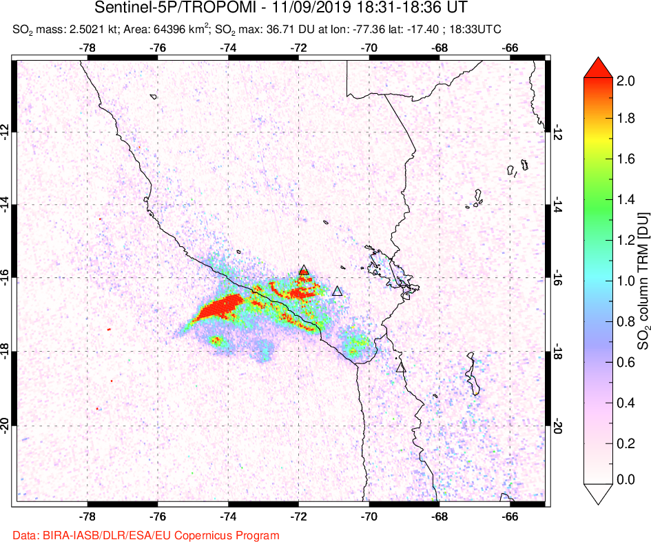 A sulfur dioxide image over Peru on Nov 09, 2019.