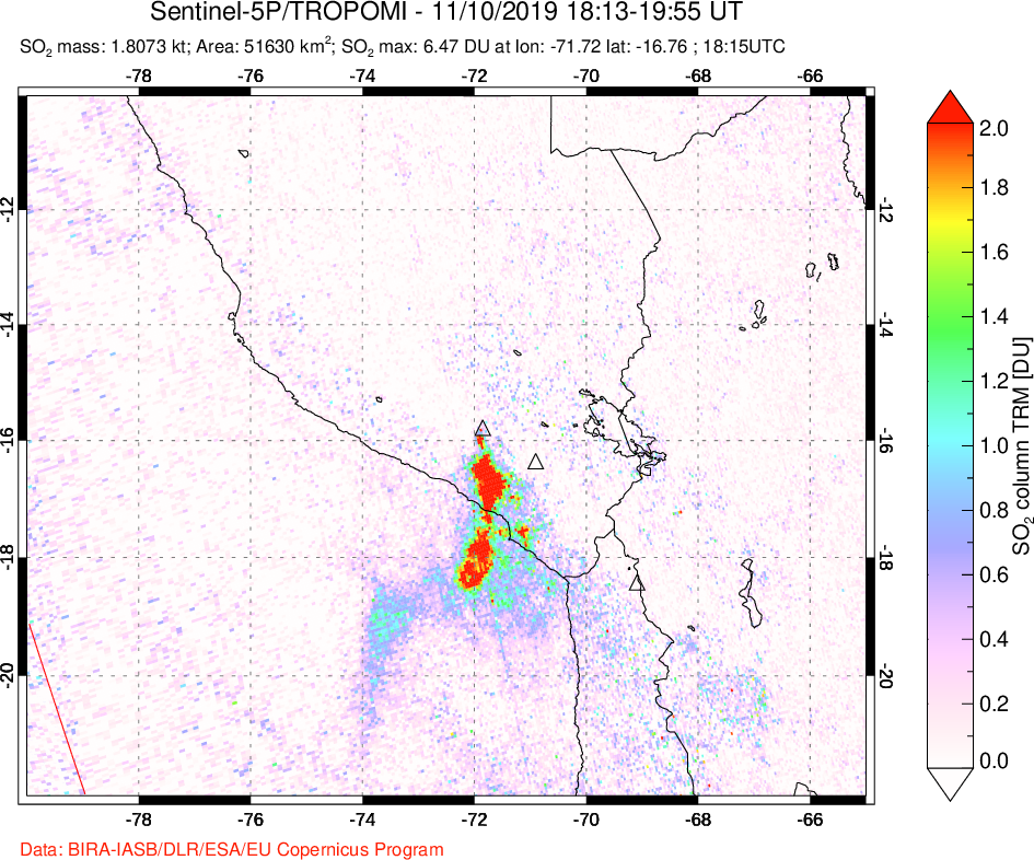 A sulfur dioxide image over Peru on Nov 10, 2019.
