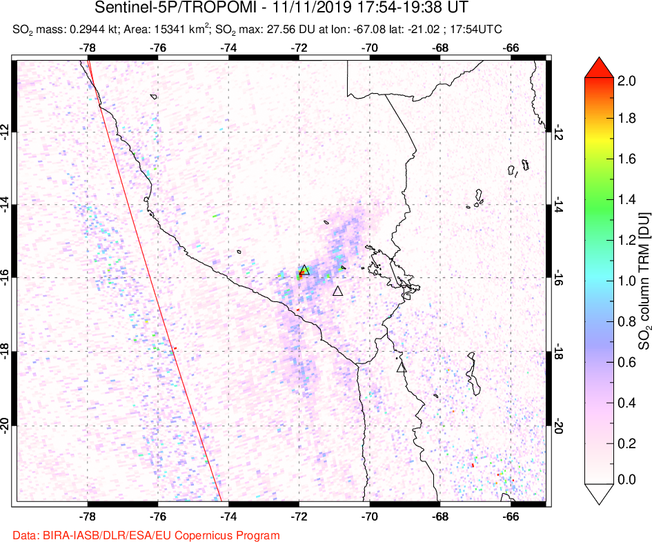 A sulfur dioxide image over Peru on Nov 11, 2019.