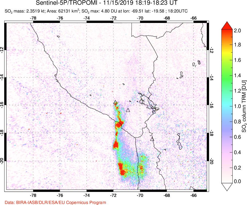 A sulfur dioxide image over Peru on Nov 15, 2019.
