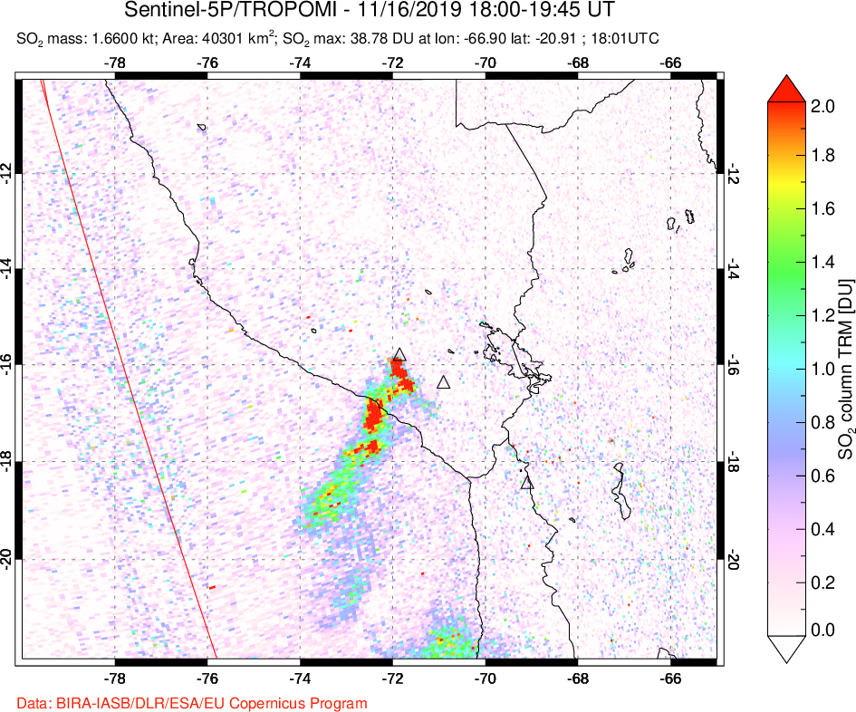A sulfur dioxide image over Peru on Nov 16, 2019.