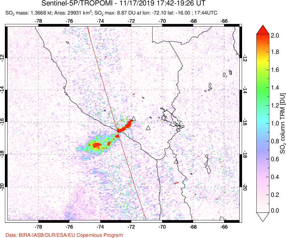 A sulfur dioxide image over Peru on Nov 17, 2019.