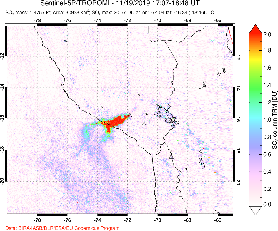 A sulfur dioxide image over Peru on Nov 19, 2019.