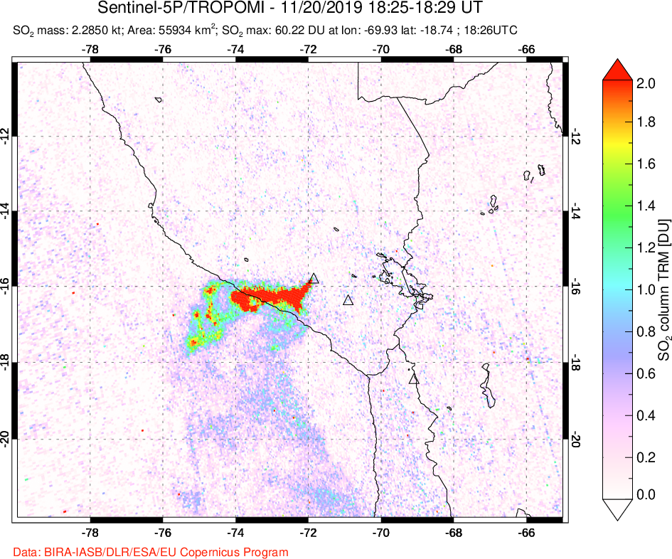 A sulfur dioxide image over Peru on Nov 20, 2019.
