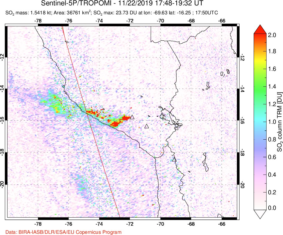 A sulfur dioxide image over Peru on Nov 22, 2019.