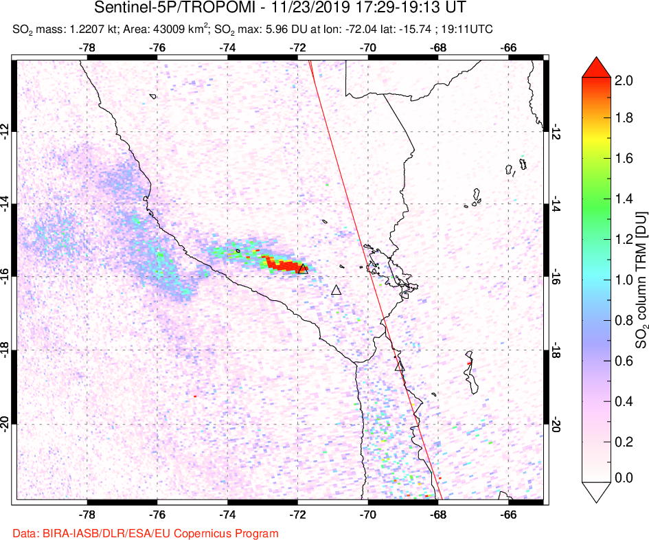 A sulfur dioxide image over Peru on Nov 23, 2019.