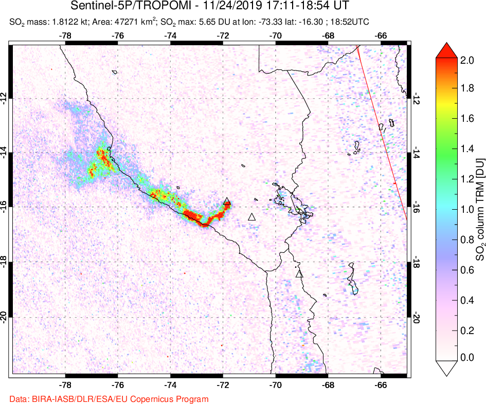 A sulfur dioxide image over Peru on Nov 24, 2019.