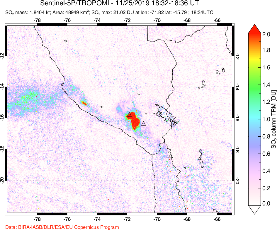 A sulfur dioxide image over Peru on Nov 25, 2019.