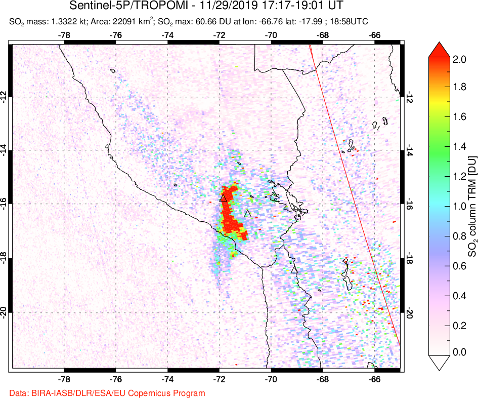 A sulfur dioxide image over Peru on Nov 29, 2019.
