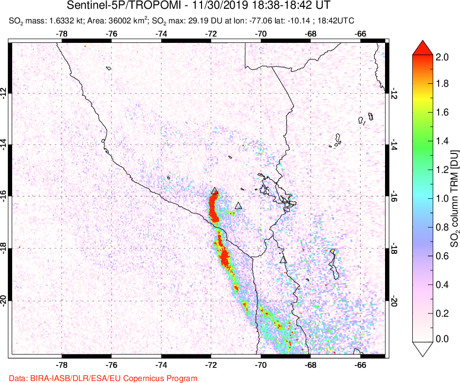 A sulfur dioxide image over Peru on Nov 30, 2019.
