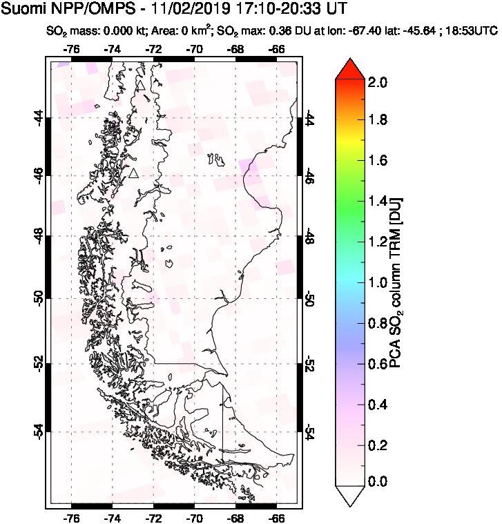 A sulfur dioxide image over Southern Chile on Nov 02, 2019.