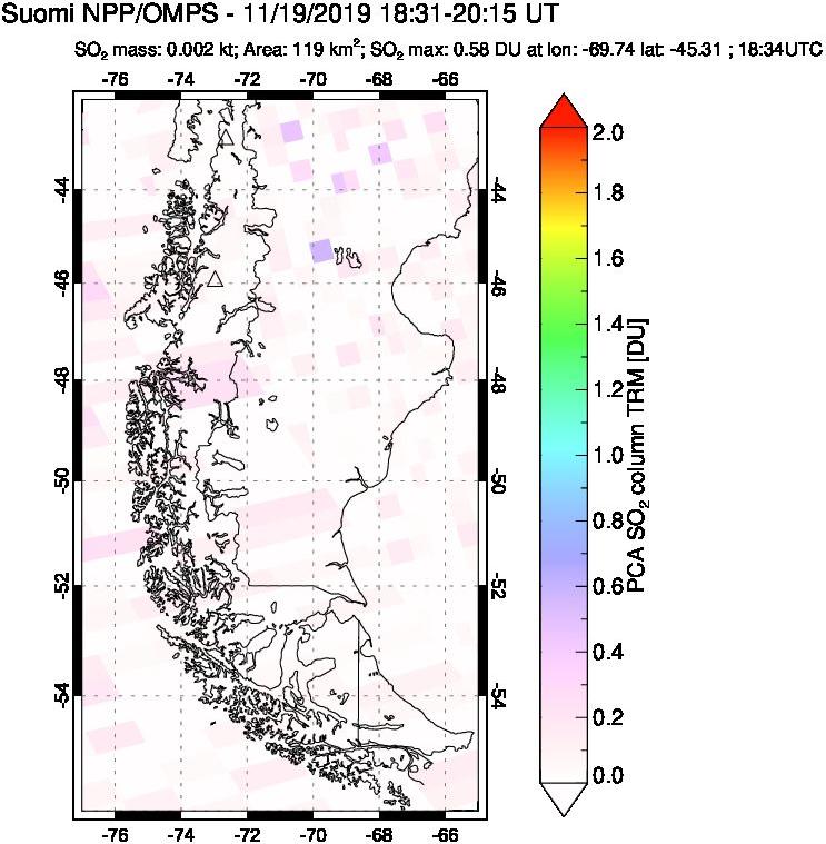 A sulfur dioxide image over Southern Chile on Nov 19, 2019.