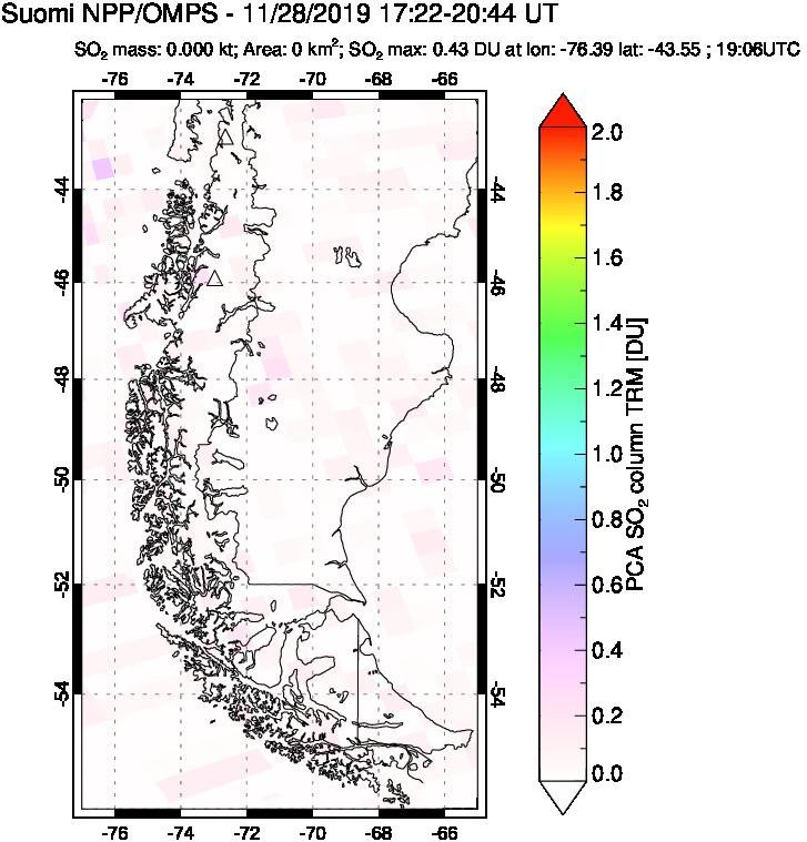 A sulfur dioxide image over Southern Chile on Nov 28, 2019.