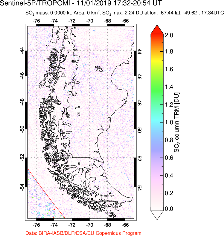 A sulfur dioxide image over Southern Chile on Nov 01, 2019.