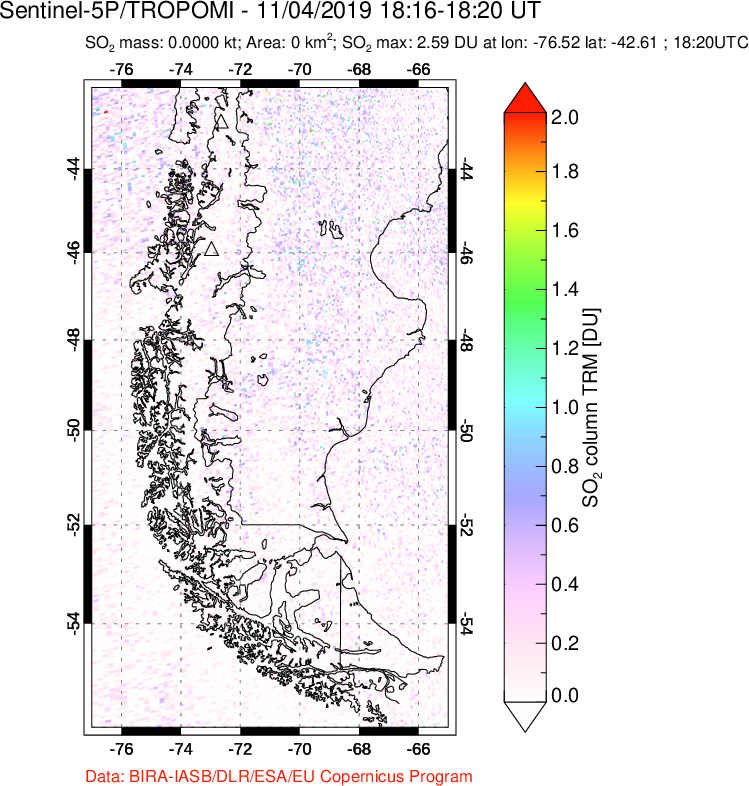 A sulfur dioxide image over Southern Chile on Nov 04, 2019.