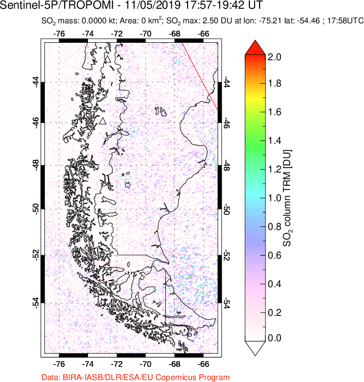 A sulfur dioxide image over Southern Chile on Nov 05, 2019.