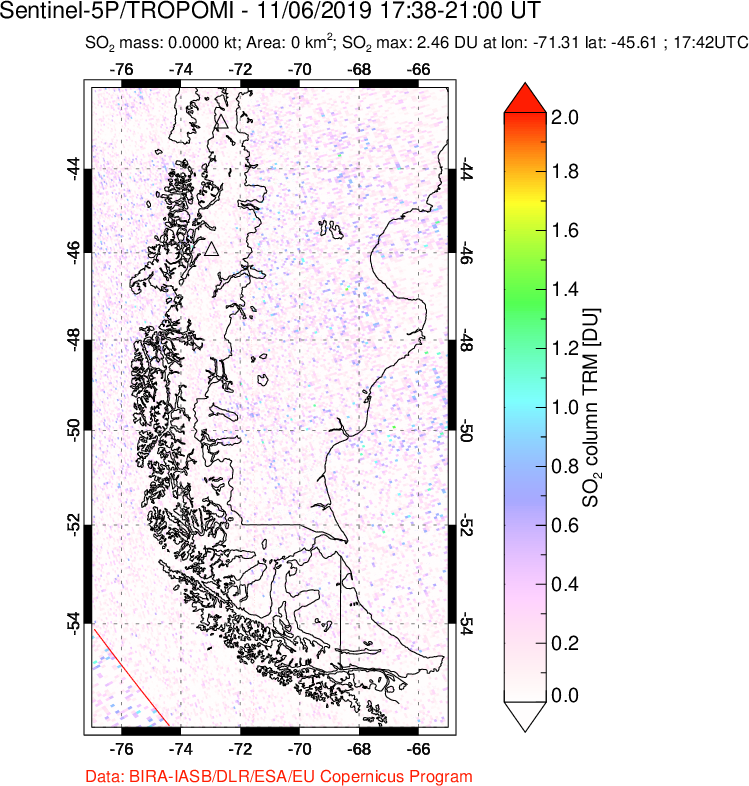 A sulfur dioxide image over Southern Chile on Nov 06, 2019.