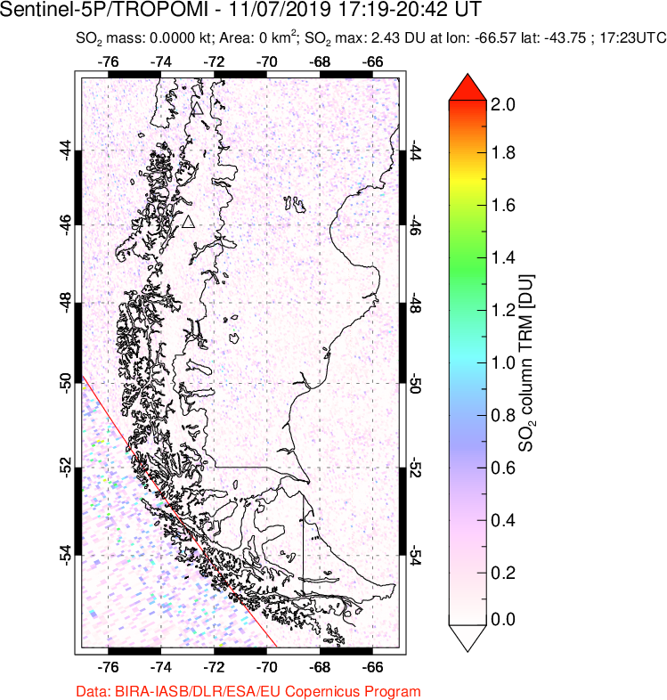 A sulfur dioxide image over Southern Chile on Nov 07, 2019.