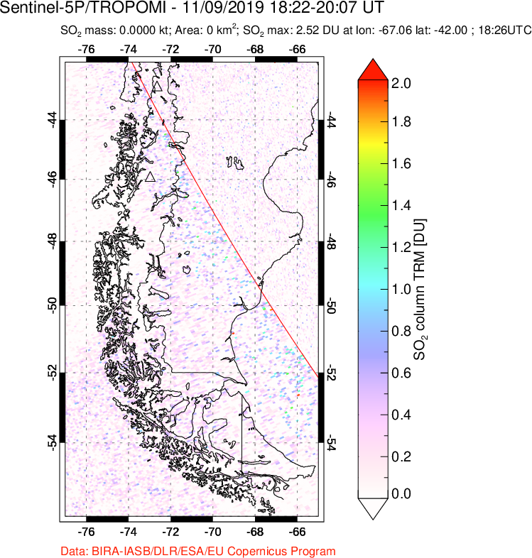 A sulfur dioxide image over Southern Chile on Nov 09, 2019.