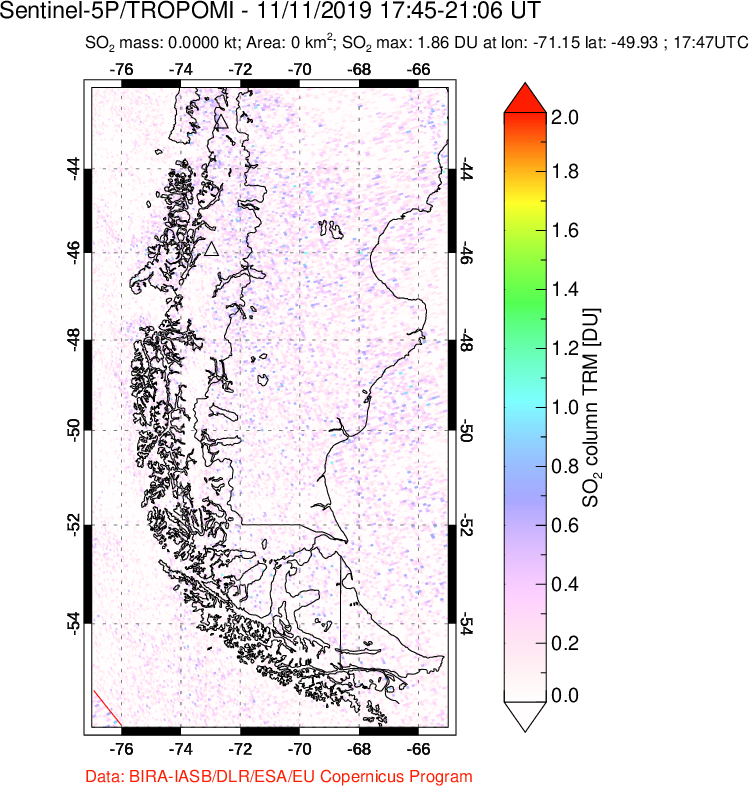 A sulfur dioxide image over Southern Chile on Nov 11, 2019.