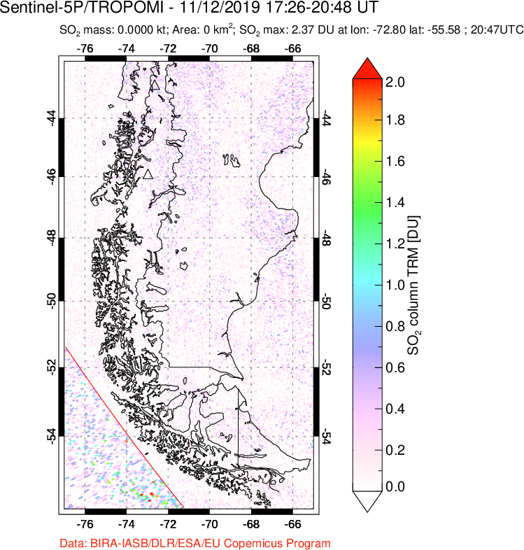 A sulfur dioxide image over Southern Chile on Nov 12, 2019.