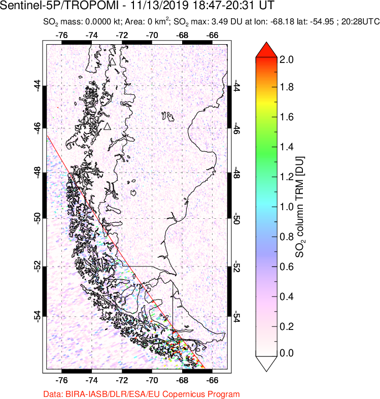 A sulfur dioxide image over Southern Chile on Nov 13, 2019.