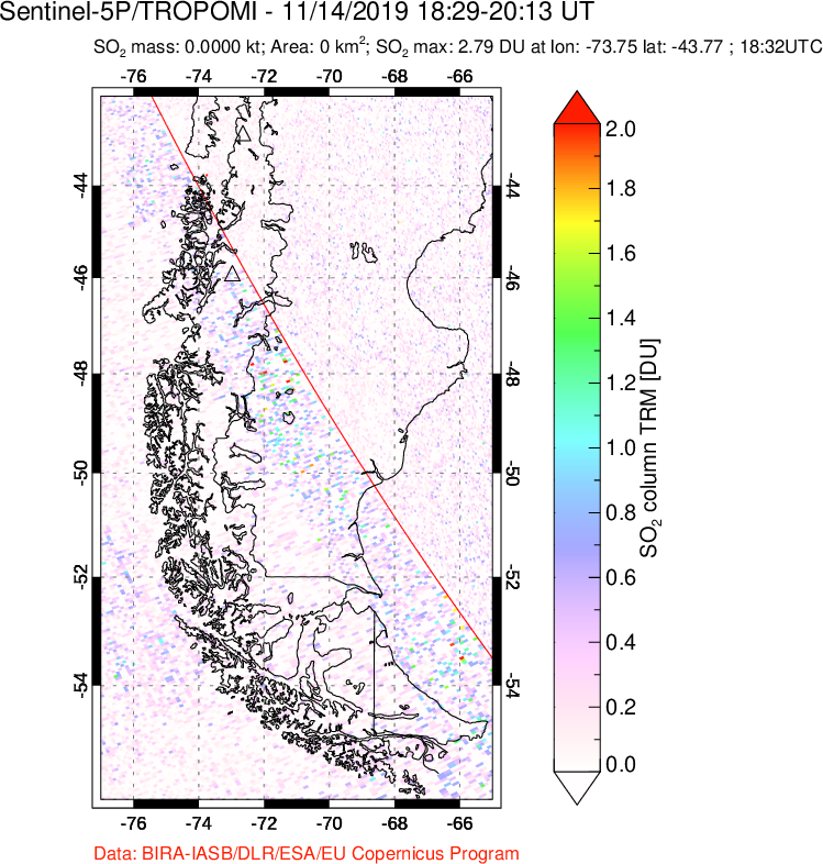 A sulfur dioxide image over Southern Chile on Nov 14, 2019.