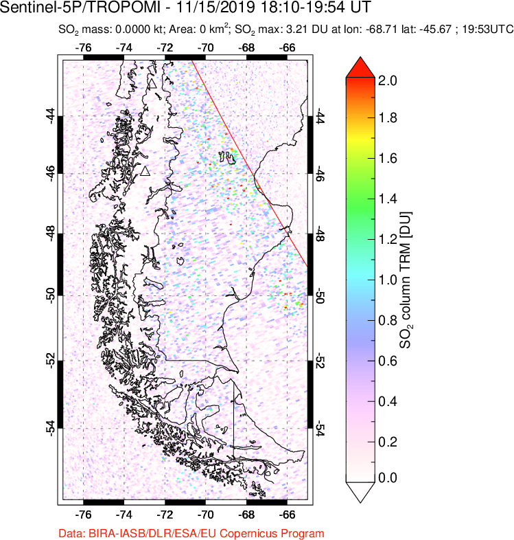 A sulfur dioxide image over Southern Chile on Nov 15, 2019.