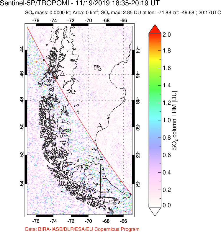 A sulfur dioxide image over Southern Chile on Nov 19, 2019.