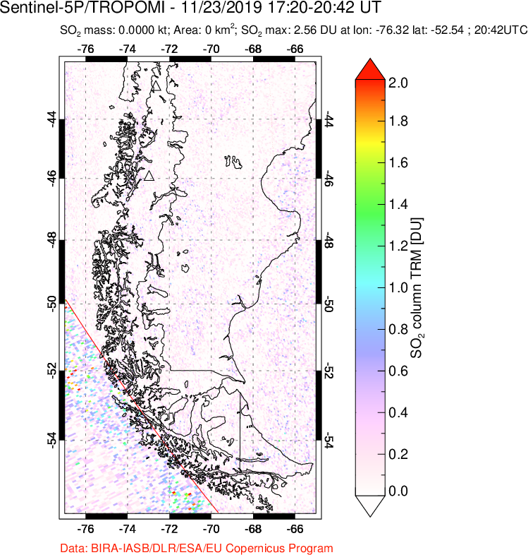 A sulfur dioxide image over Southern Chile on Nov 23, 2019.