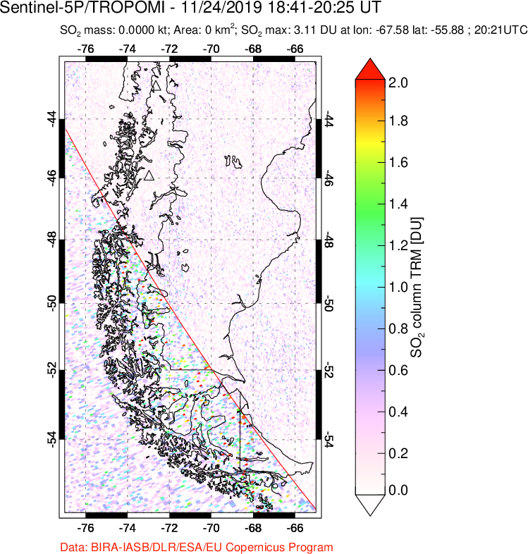 A sulfur dioxide image over Southern Chile on Nov 24, 2019.