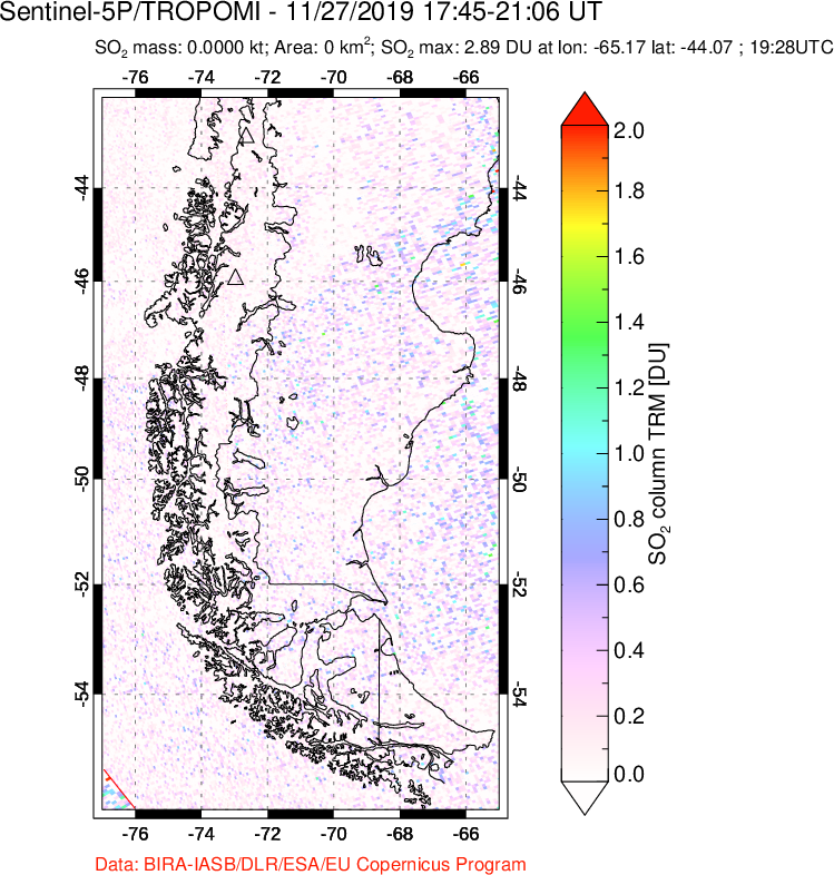 A sulfur dioxide image over Southern Chile on Nov 27, 2019.