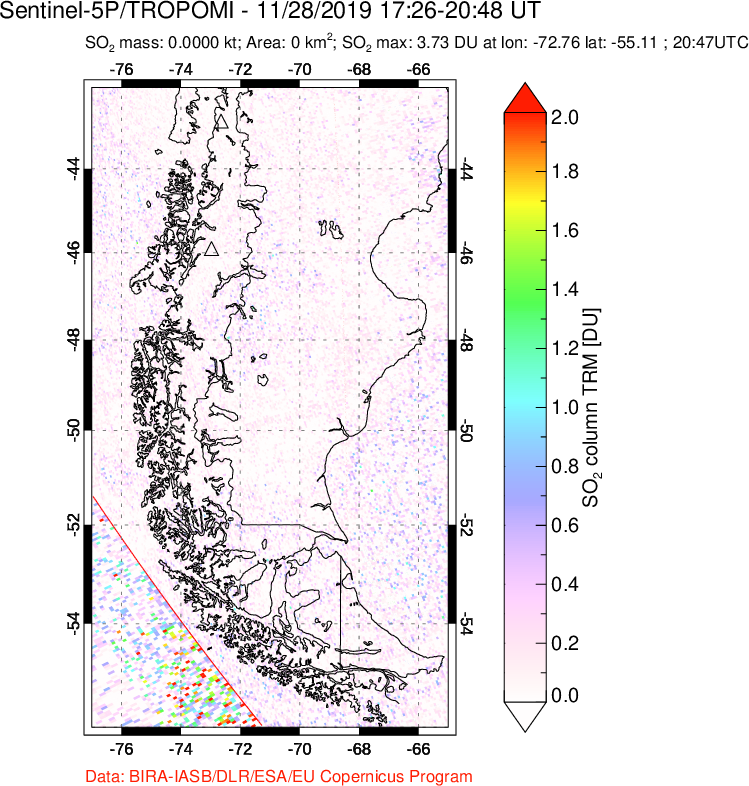 A sulfur dioxide image over Southern Chile on Nov 28, 2019.