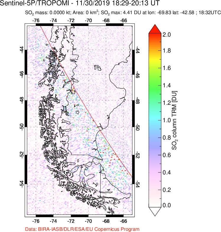 A sulfur dioxide image over Southern Chile on Nov 30, 2019.