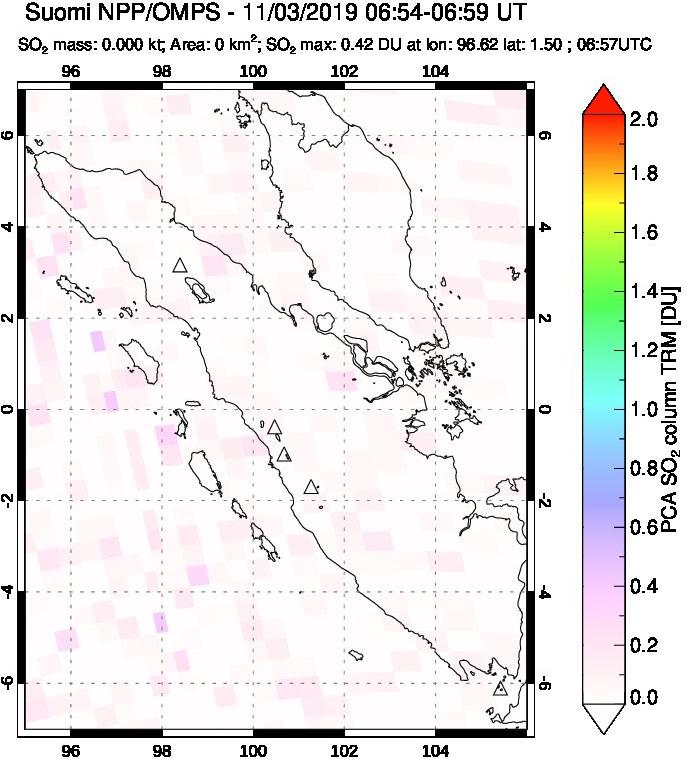 A sulfur dioxide image over Sumatra, Indonesia on Nov 03, 2019.