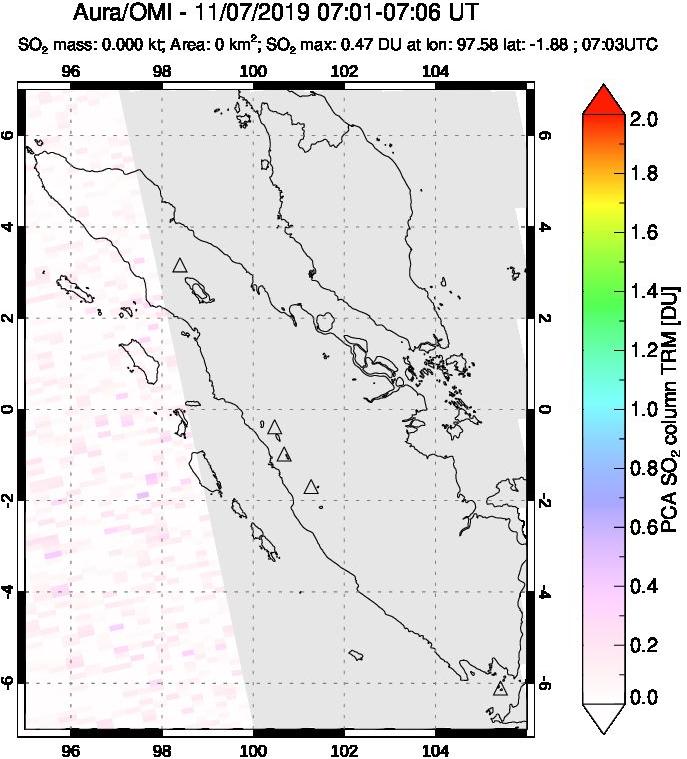 A sulfur dioxide image over Sumatra, Indonesia on Nov 07, 2019.