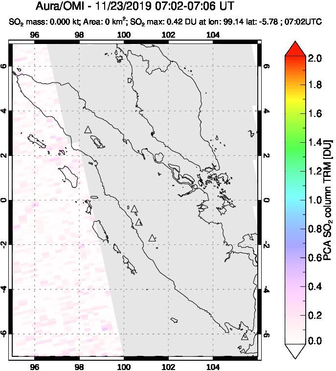 A sulfur dioxide image over Sumatra, Indonesia on Nov 23, 2019.