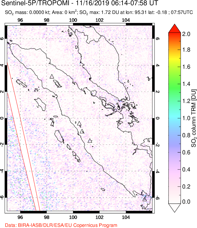 A sulfur dioxide image over Sumatra, Indonesia on Nov 16, 2019.