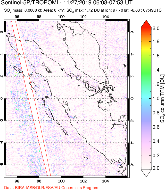 A sulfur dioxide image over Sumatra, Indonesia on Nov 27, 2019.
