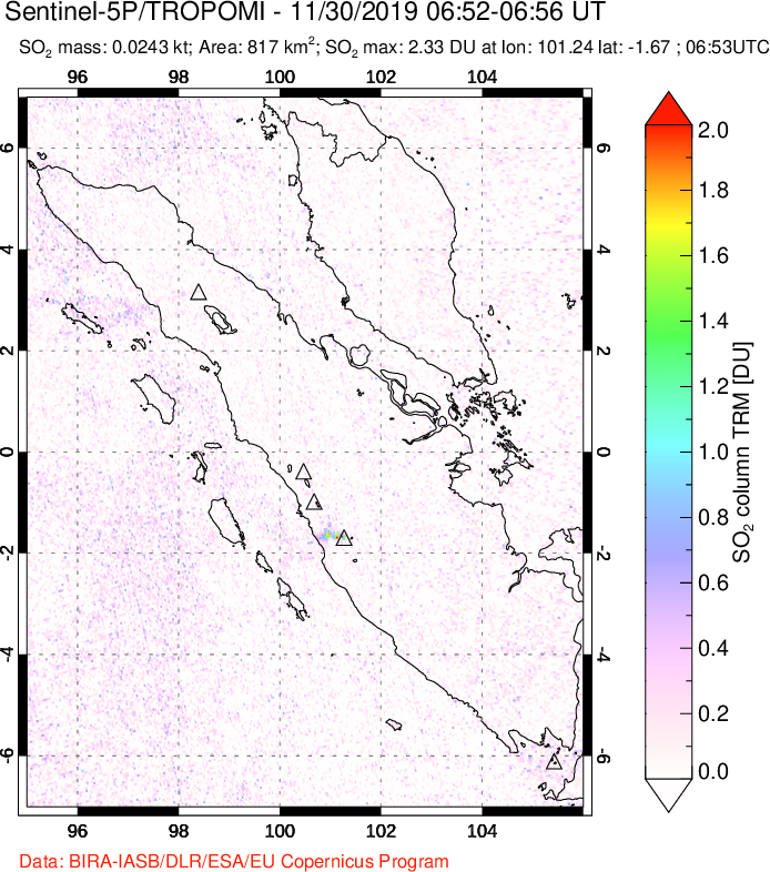 A sulfur dioxide image over Sumatra, Indonesia on Nov 30, 2019.