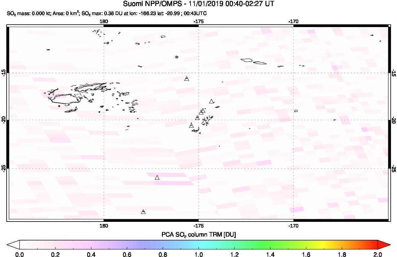 A sulfur dioxide image over Tonga, South Pacific on Nov 01, 2019.