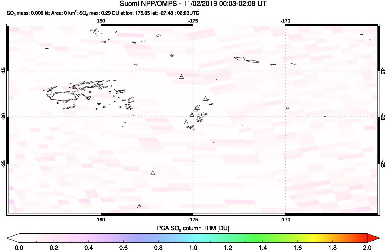 A sulfur dioxide image over Tonga, South Pacific on Nov 02, 2019.
