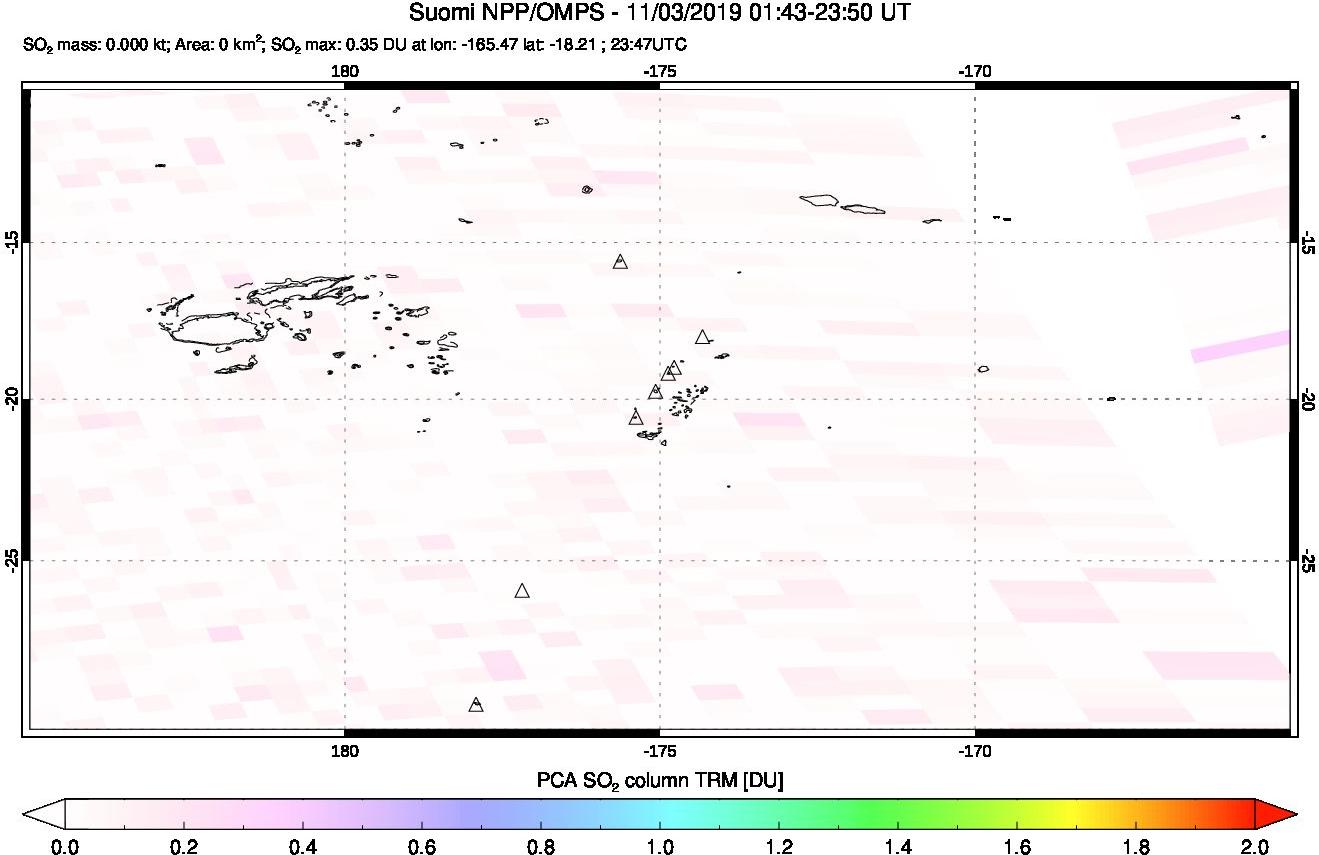 A sulfur dioxide image over Tonga, South Pacific on Nov 03, 2019.