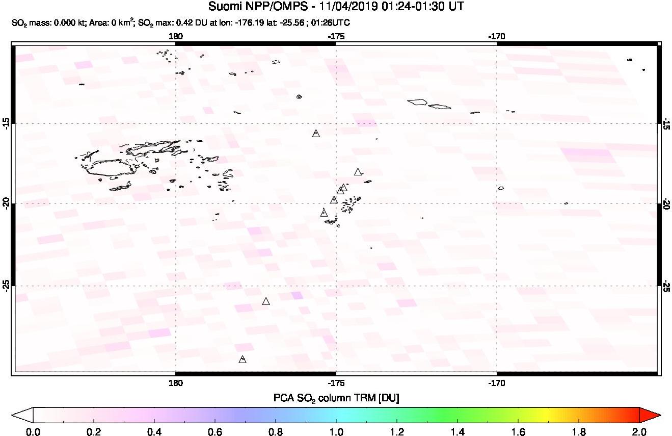 A sulfur dioxide image over Tonga, South Pacific on Nov 04, 2019.