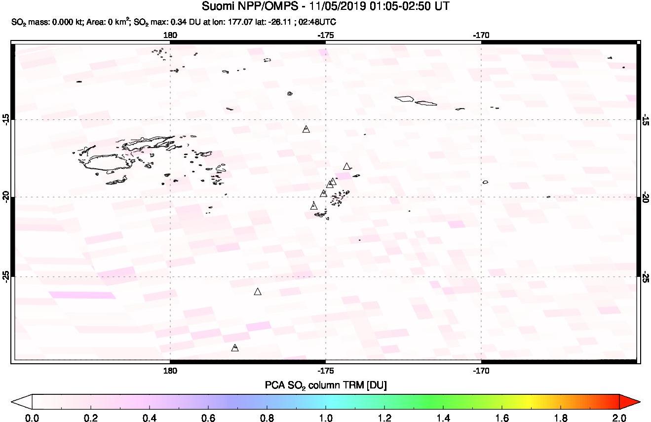 A sulfur dioxide image over Tonga, South Pacific on Nov 05, 2019.