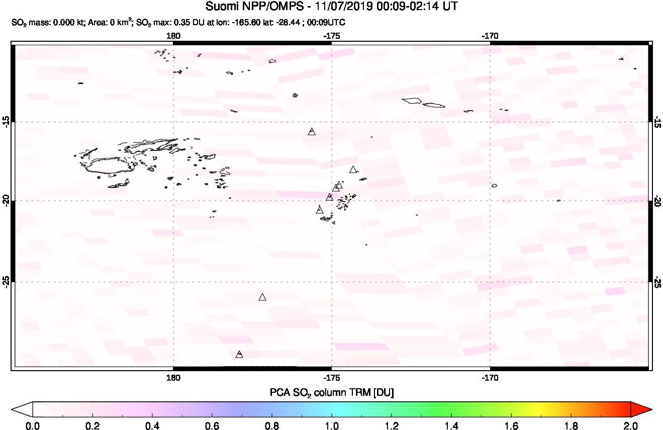 A sulfur dioxide image over Tonga, South Pacific on Nov 07, 2019.