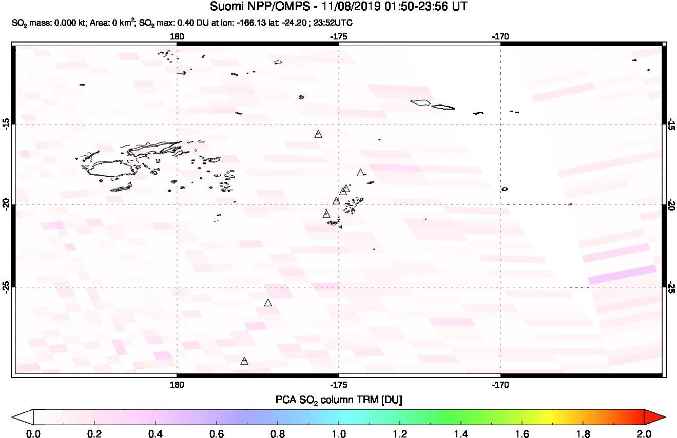 A sulfur dioxide image over Tonga, South Pacific on Nov 08, 2019.