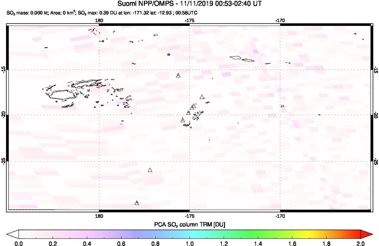 A sulfur dioxide image over Tonga, South Pacific on Nov 11, 2019.