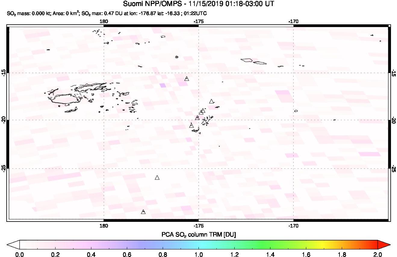 A sulfur dioxide image over Tonga, South Pacific on Nov 15, 2019.